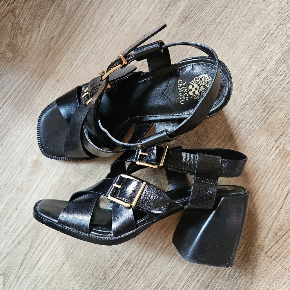 Vince Camuto Black Leather Block Heel Sandals with Gold Buckles 8.5